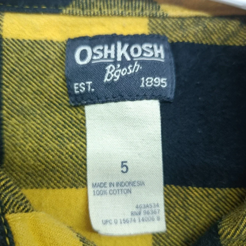 Vtg Oshkosh Boys Yellow Black Plaid Flannel‎ Shirt Size 5 90's Y2K Flaw